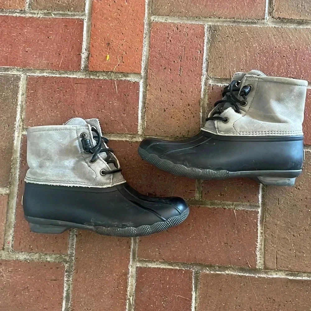 Sperry Saltwater Duck Boots Womens 6.5M Grey Black Leather Waterproof‎ STS81732